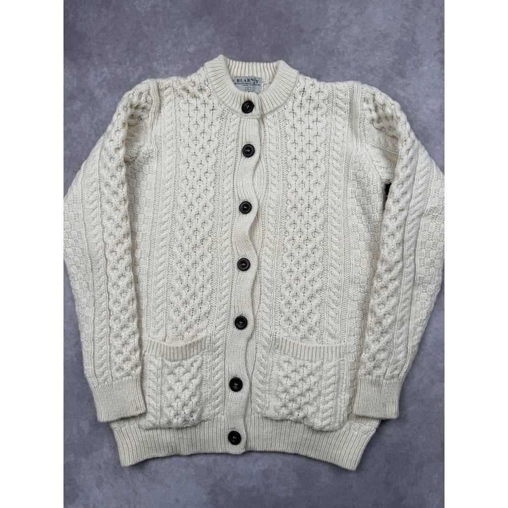 Blarney‎ Woollen Mills Ireland Aran Cable Knit Wool Cardigan Sweater Cream Small
